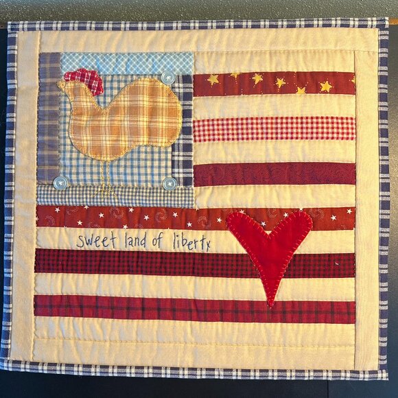 Handmade Folk Art CHICKEN USA FLAG Patchwork Appliqué Quilt Square Wall Hanging - Picture 1 of 11